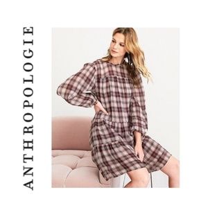 Anthropologie Plaid Long-Sleeve Tiered Mini Dress in Mauve and Cream